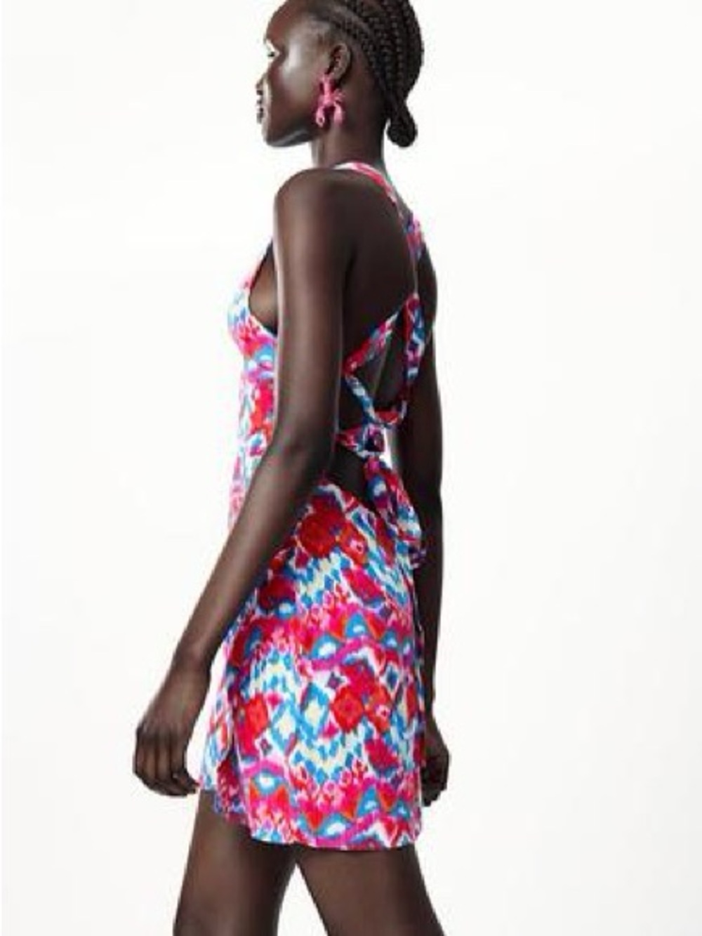 π NWT Zara Ikat Print Mini Dress Red Blue Lace Up Back Large - Picture 10 of 17